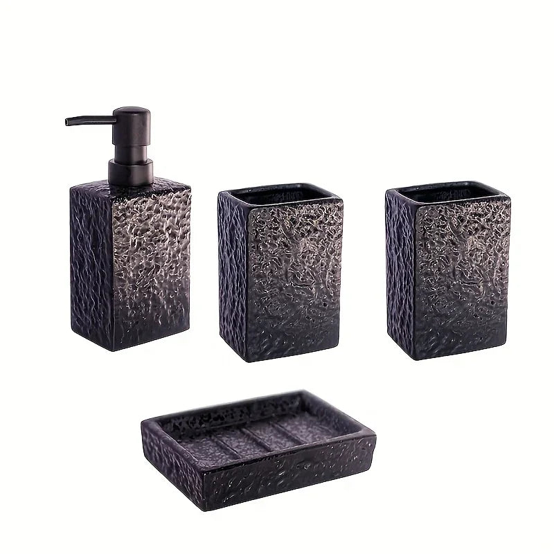 A 4pcs Set Featuring a Minimalist Nordic Design in Ceramic, Including a Stone-Patterned Wash Cup Set, Lotion Bottle, Soap Dish, Bathroom Cleaning Bottles, Mouthwash Cup, Bathroom Essentials, Bathroom Accessories, Perfect As a