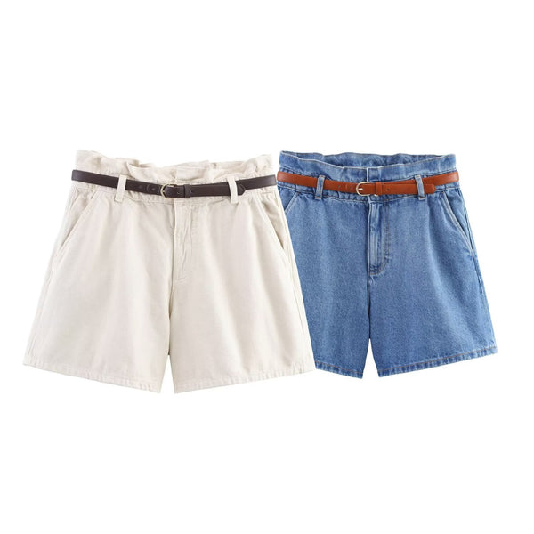 A-line belt denim casual shorts for women