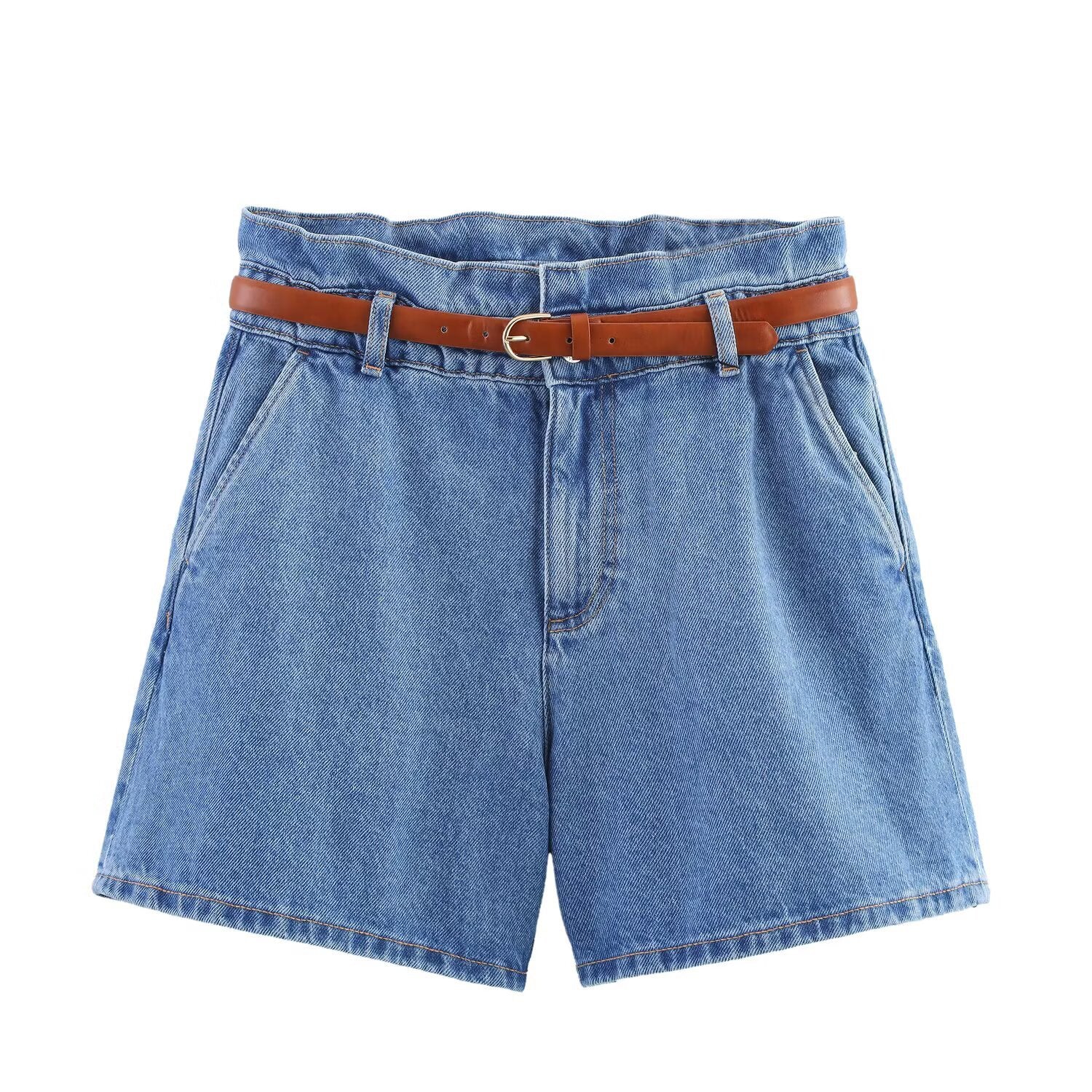 A-line belt denim casual shorts for women
