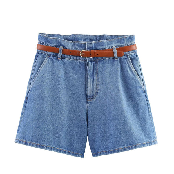 A-line belt denim casual shorts for women