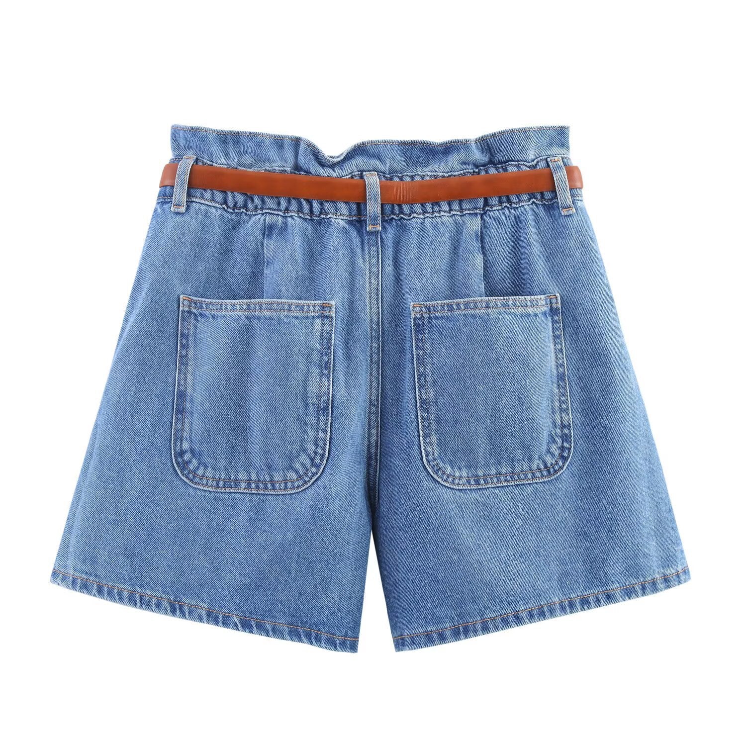 A-line belt denim casual shorts for women