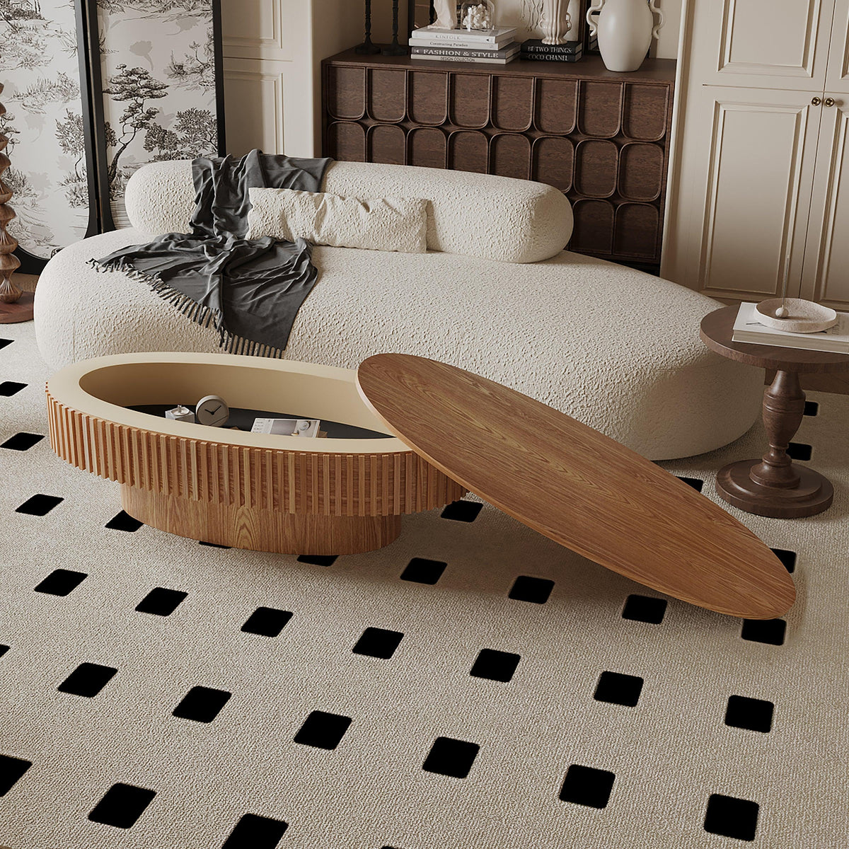 Modern Natural Wood Oval Coffee Table with Hidden Storage