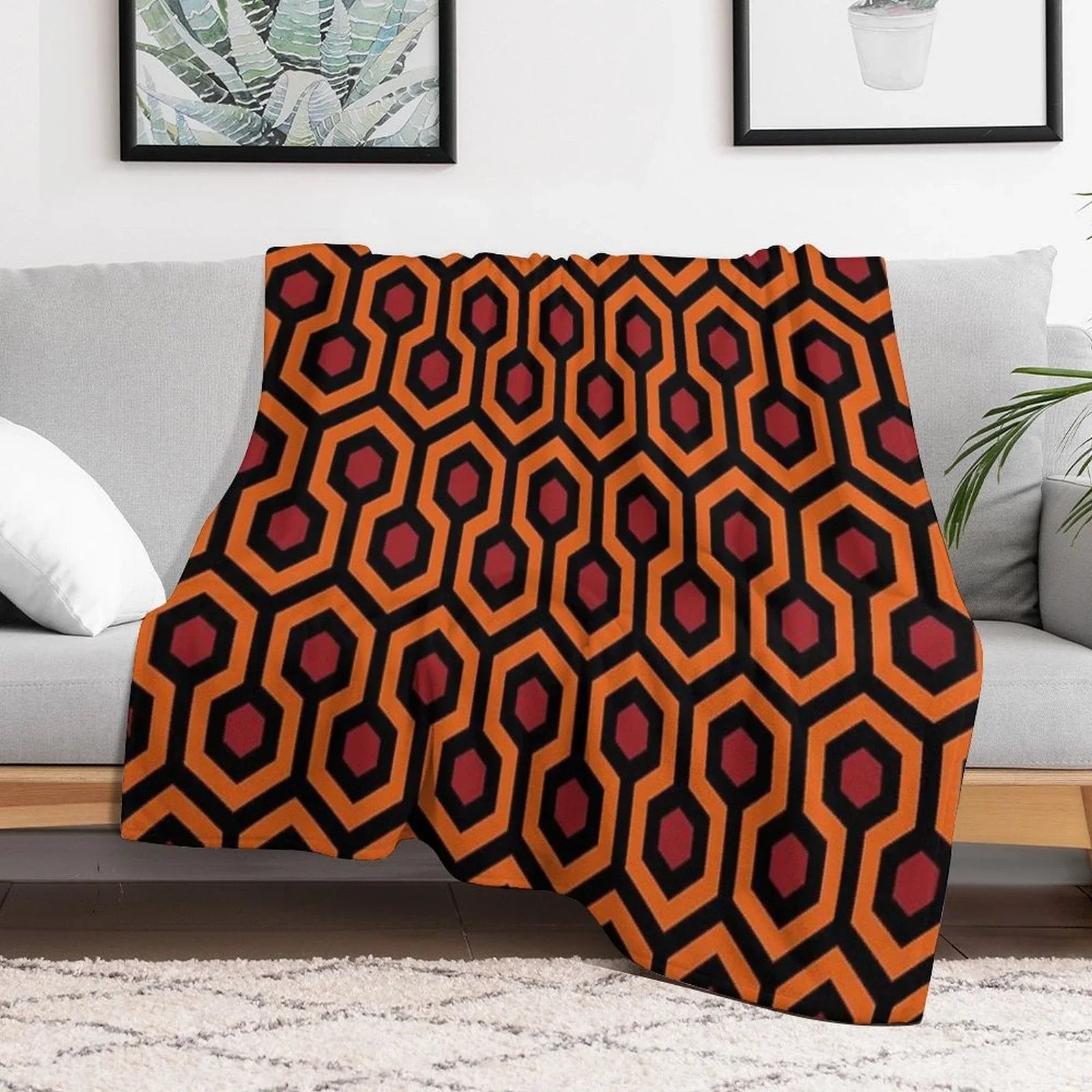 Geometric Pattern Looped Hexagons OrangeRedBlack Throw Blanket