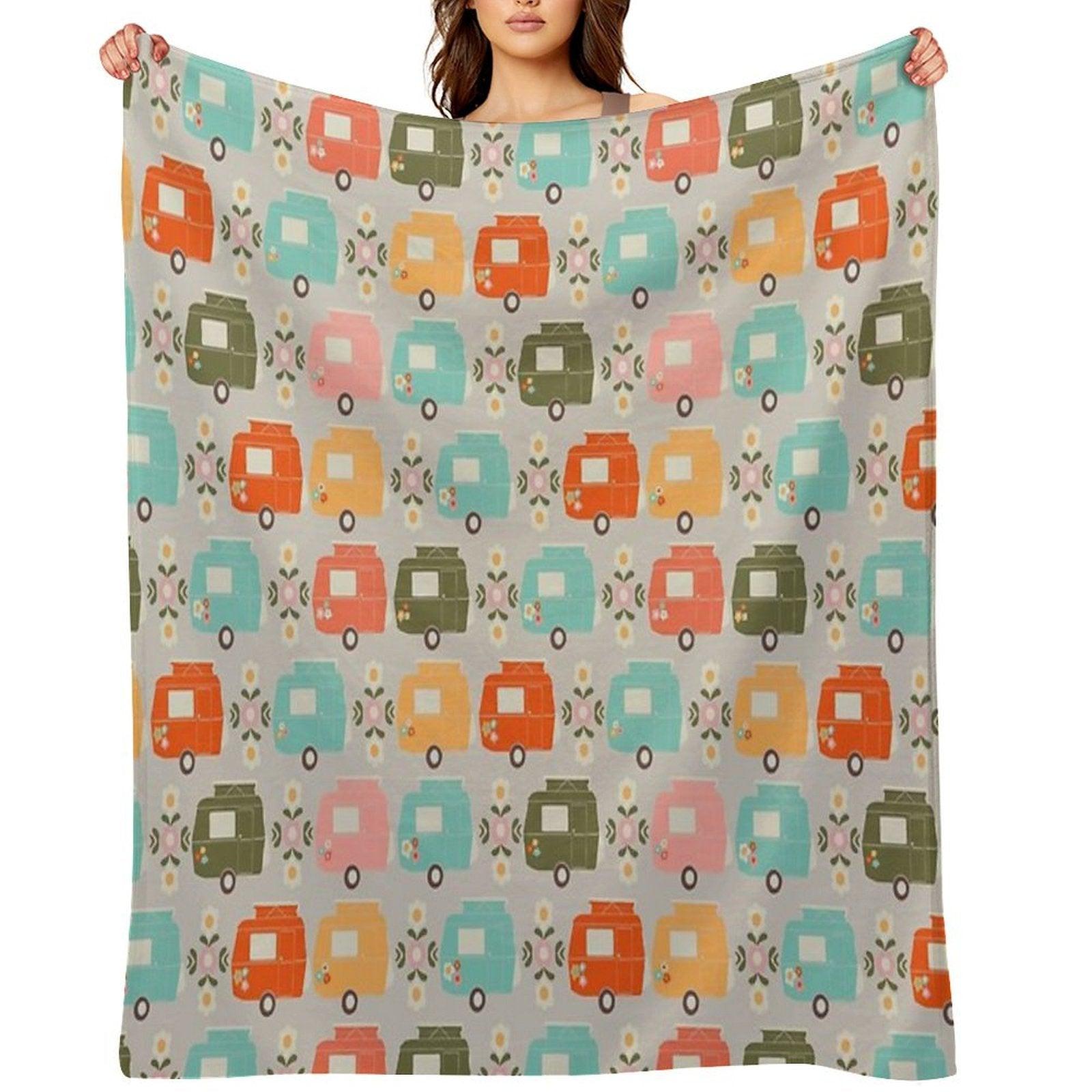 Colourful Vintage Caravans And Daisies Throw Blanket