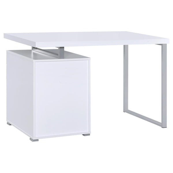 Angled rear view of White 3-drawer Reversible Office Desk showcasing modern design and durable construction for office use.