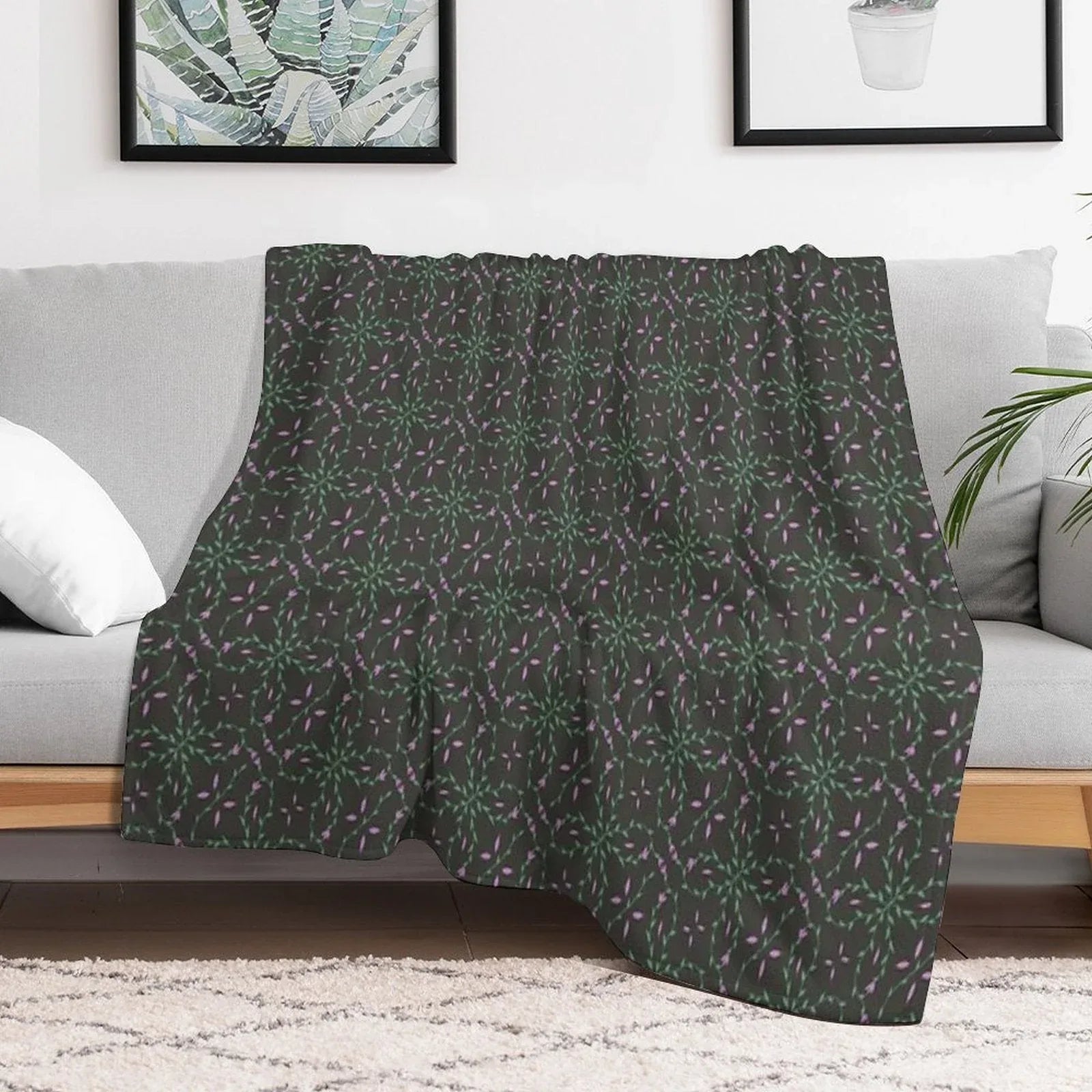 Bloom Vine in Purple And Black Throw Blanket