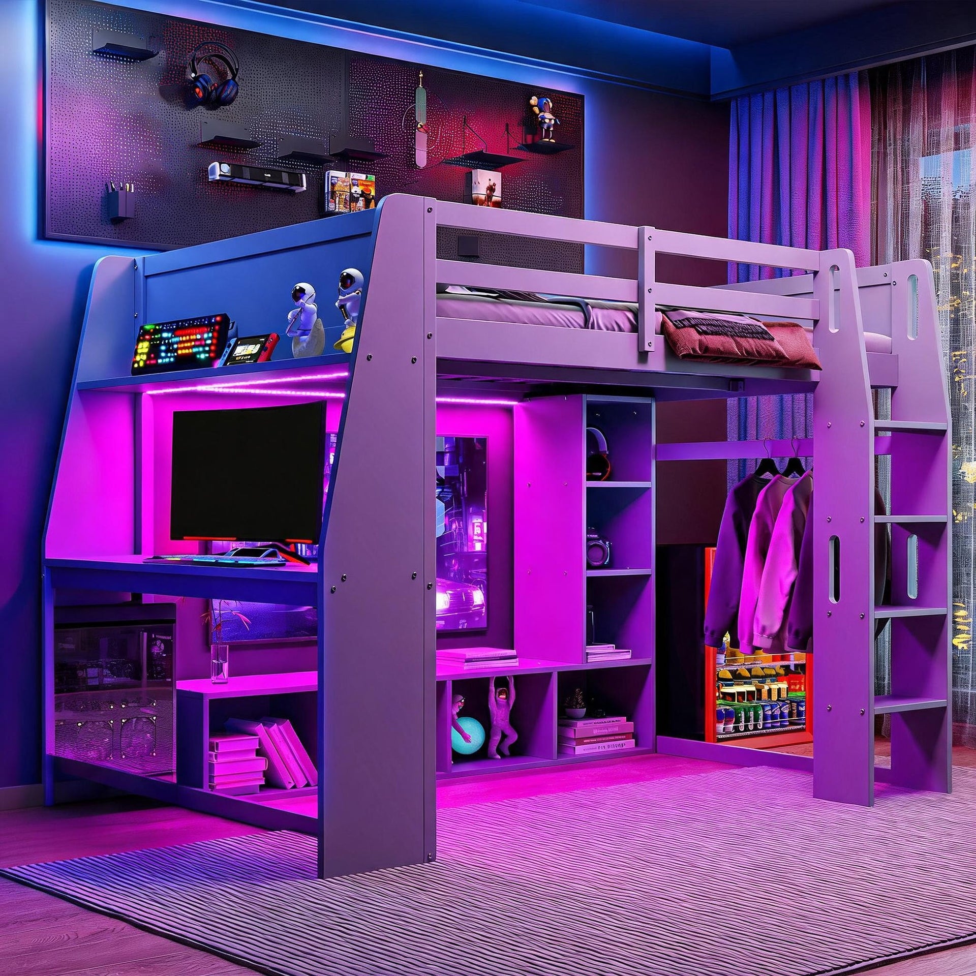 Wood Full Size Gaming Loft Bed with Desk and Multi-Storage Shelves