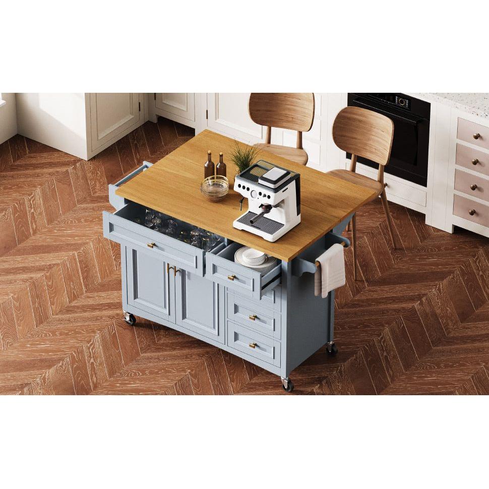 K&K 52'' Kitchen Island with Drop Leaf, Embossed Texture Kitchen Island on Wheels with Spice Rack, Towel Rack, 2 Doors and 5 Drawers, Kitchen Storage Cart with Adjustable Shelf for Kitchen, Blue Grey