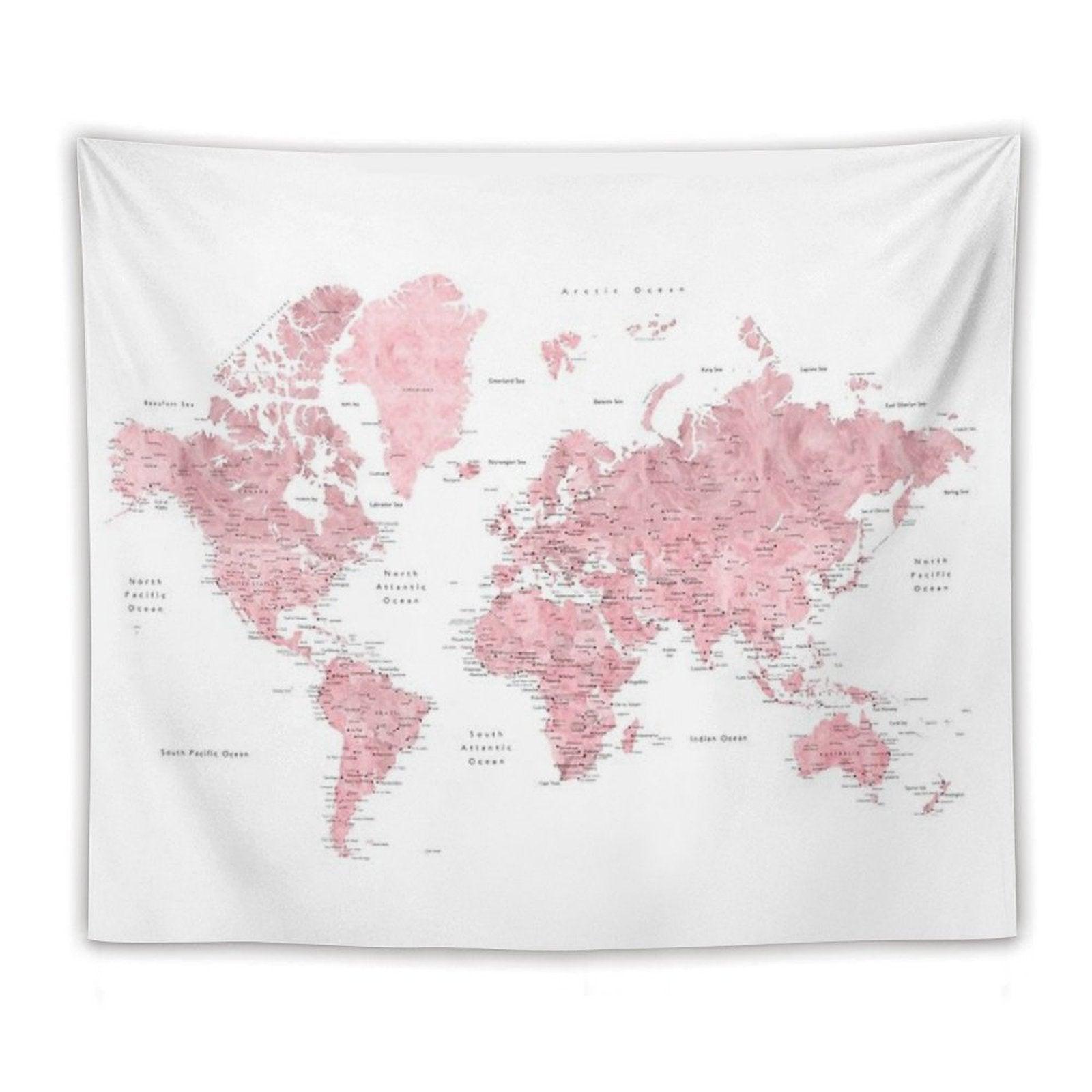 Light Pink And Muted Pink World Map with Cities Tapestry