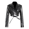 Full Open Cross Lace-up Waist-controlled Chest-flattering Long Sleeve PU Leather Short Coat - Black / S