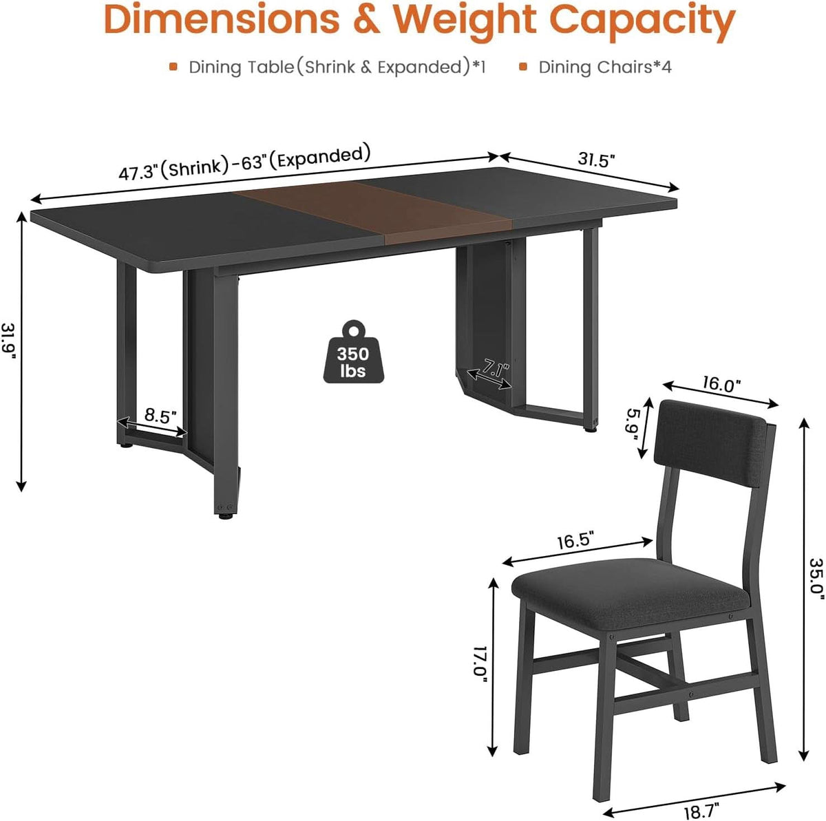 63 Inch Extendable MDF Board Dining Table Set Black Finish
