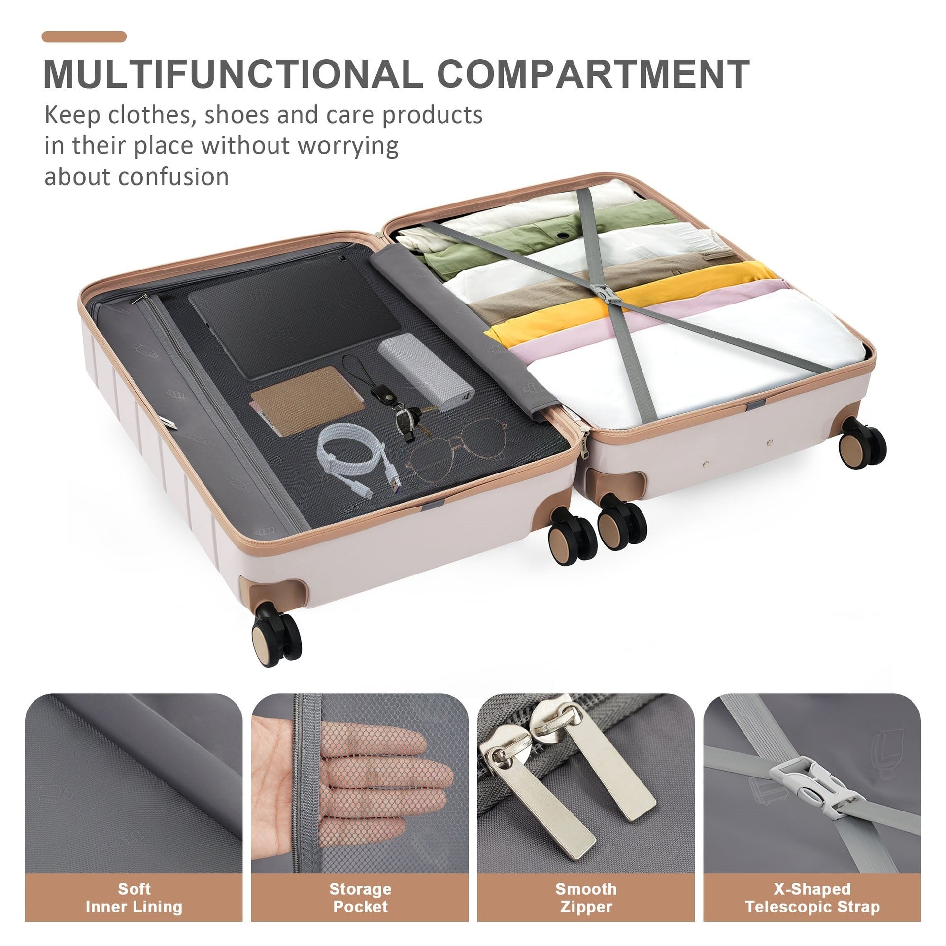Premium ABS Travel Luggage Set , 3-Piece TSA Lock Suitcase Ensemble with 20, 24, and 28 Inch Sizes with 360° Spinner Wheels, light grey and golden