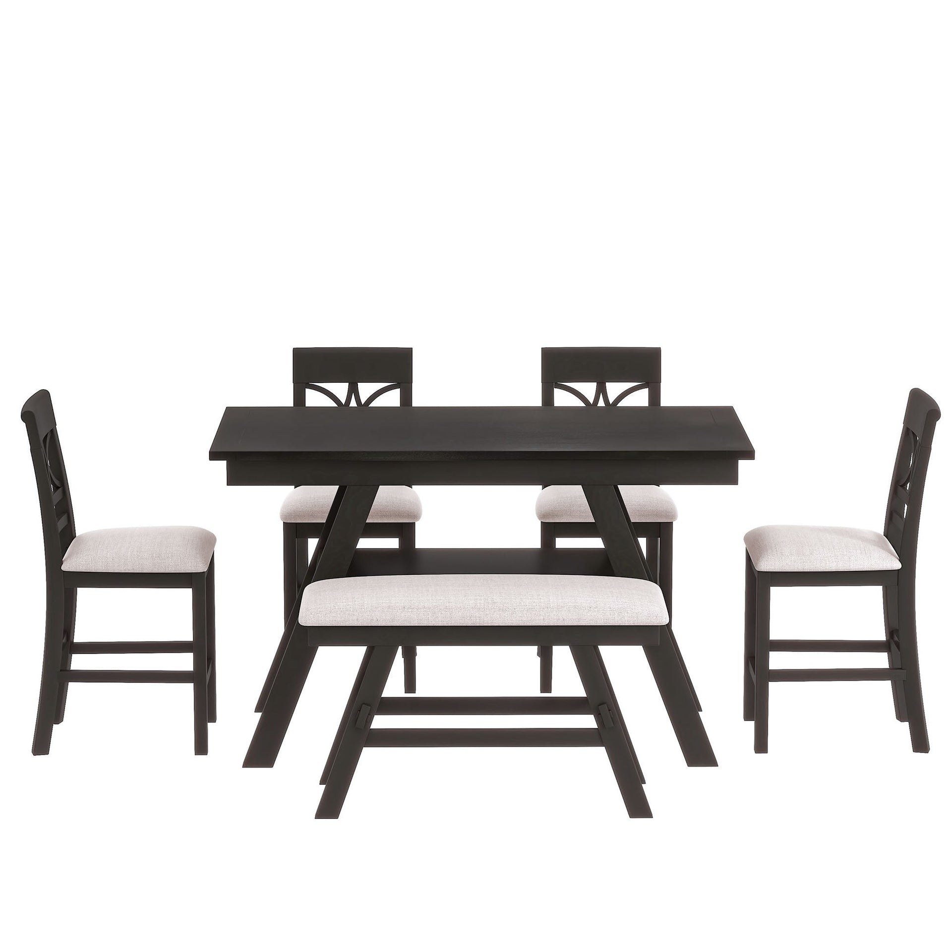 6-Piece Wood Counter Height Dining Table Set with Storage Shelf, Kitchen Table Set with Bench and 4 Chairs,Rustic Style,Espresso+Beige Cushion