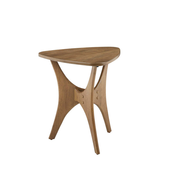 Angled view of Triangle Wood Side Table showcasing its curved legs and minimalist triangular tabletop design.