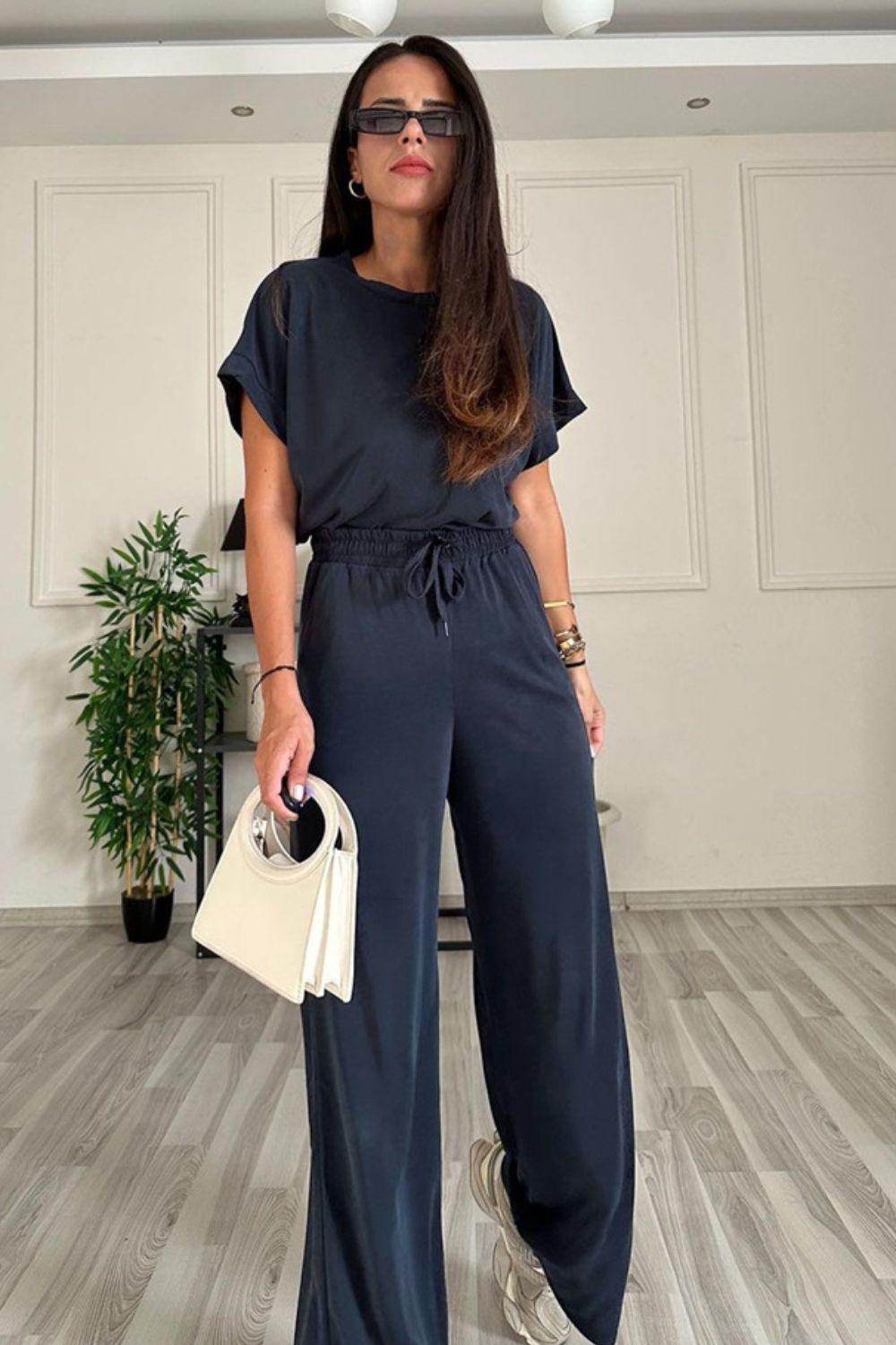 Round Neck Short Sleeve Top and Drawstring Pants Set for Women