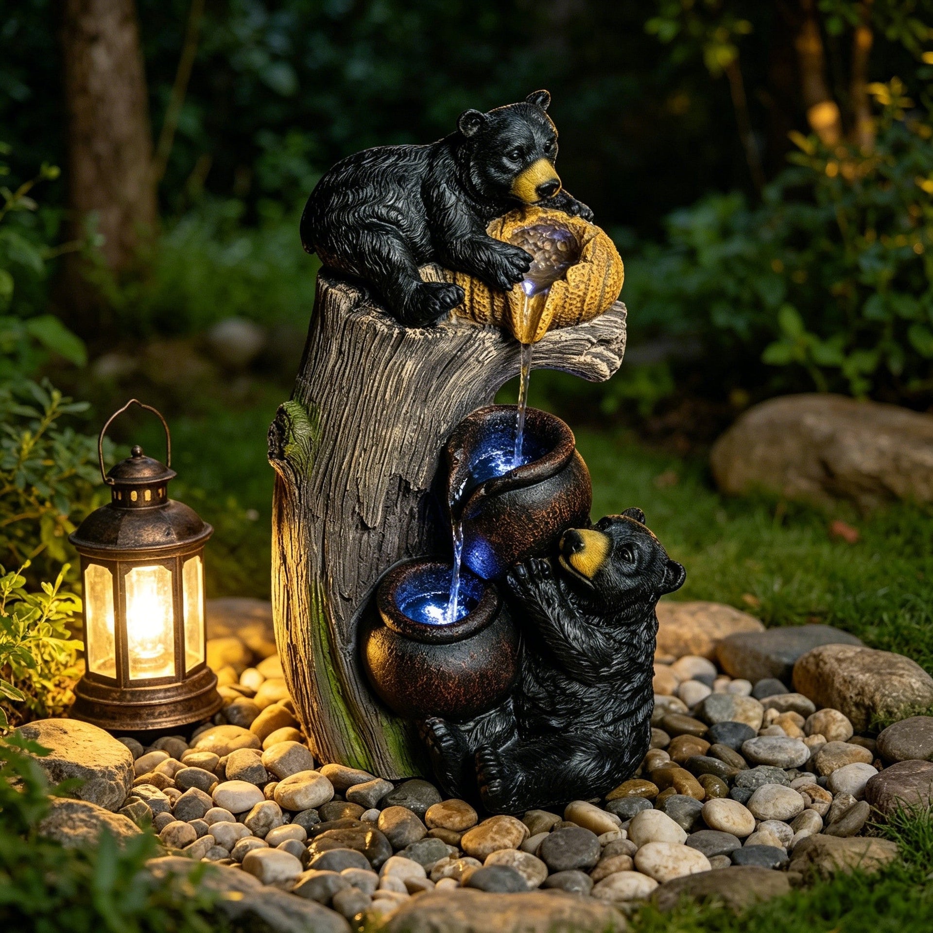 Resin Black Bear Outdoor Water Fountain with LED Lights