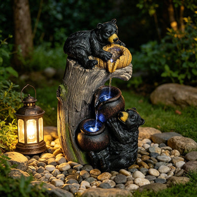 Resin Black Bear Outdoor Water Fountain with LED Lights