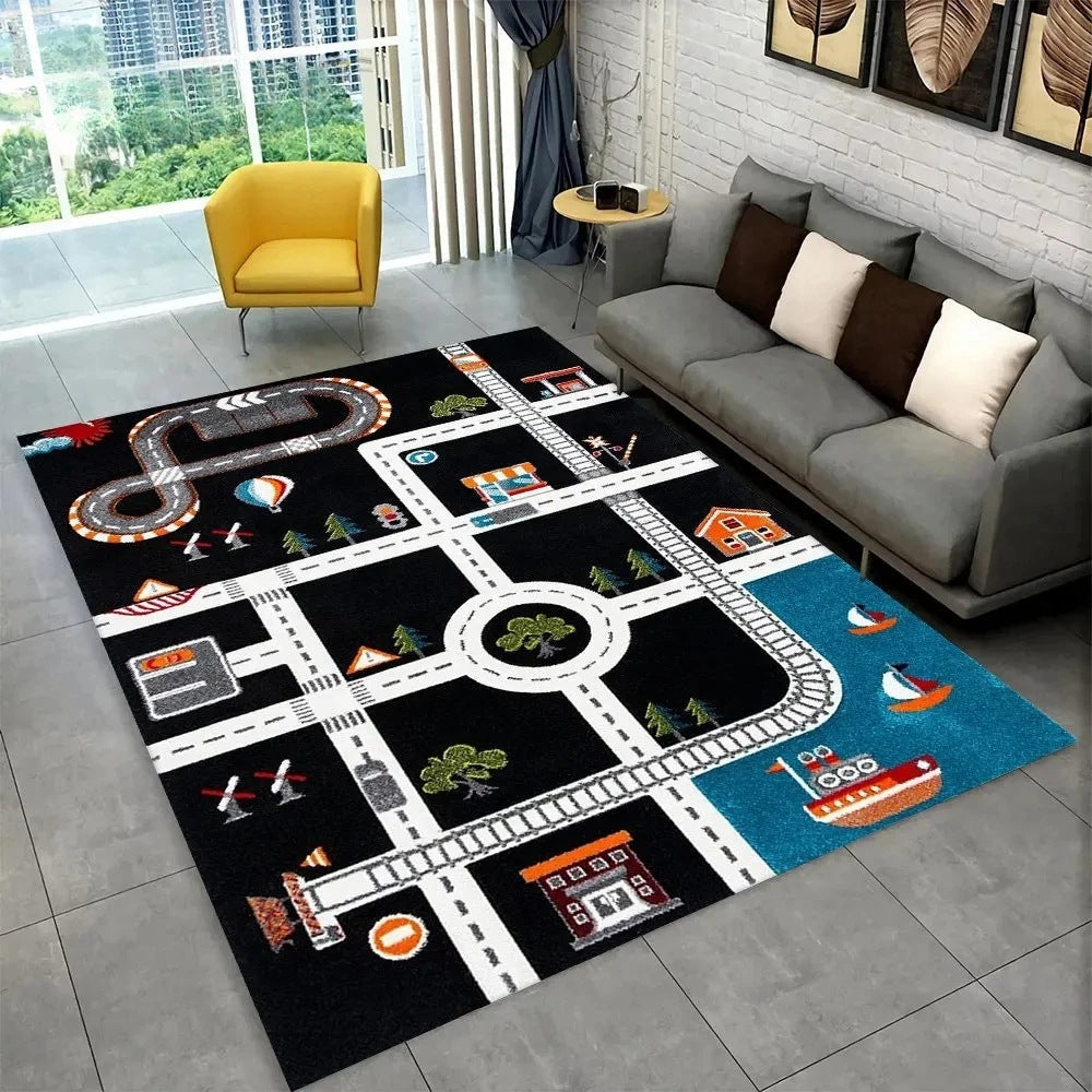 Fun Racing Track Flannel Floor Mat Non-Slip Home Decor Rug For Kids Rooms And Play Areas
