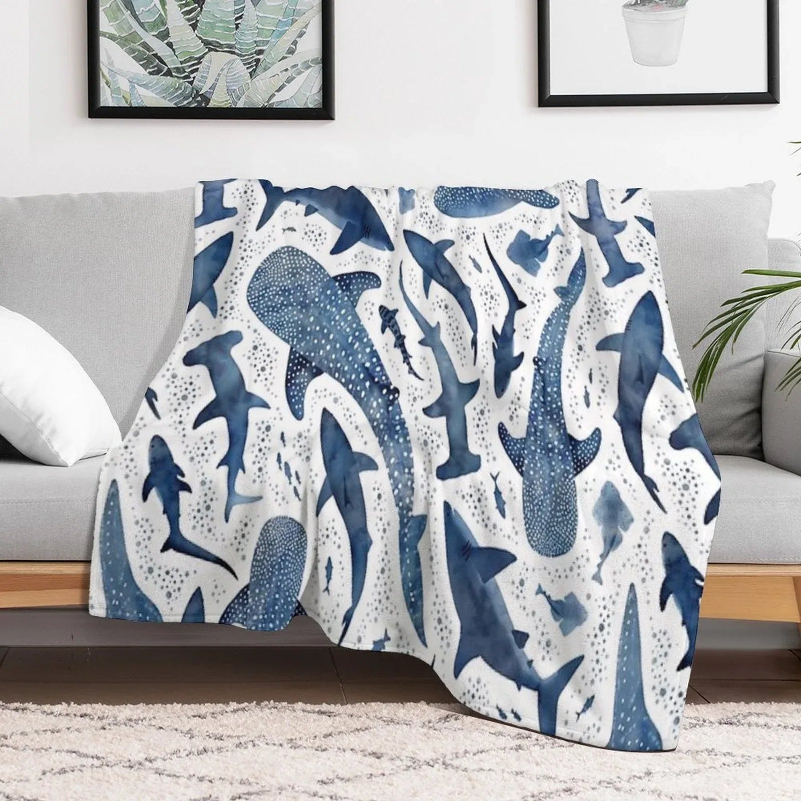Monochrome Blue Watercolour Shark Ocean on White Throw Blanket