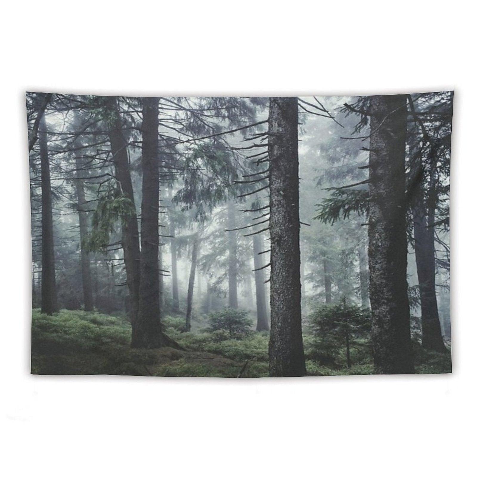 Path Vibes  Wild Romantic Misty Retro Fall Wilderness Fairytale Forest With Cascadia Trees Covered In Magic Blue Fog Season Tapestry