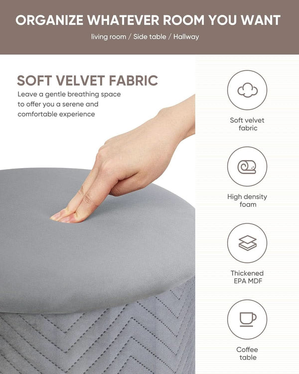 Grey Velvet Circular Storage Ottoman Golden Accents