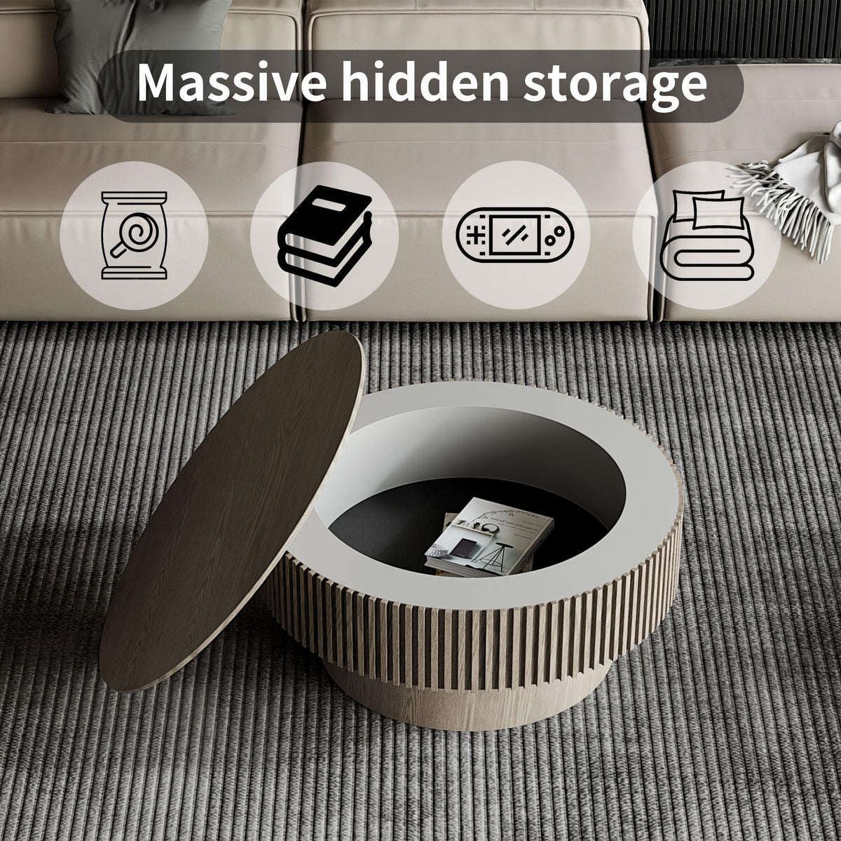 Modern Gray Round Mushroom Coffee Table with Hidden Storage