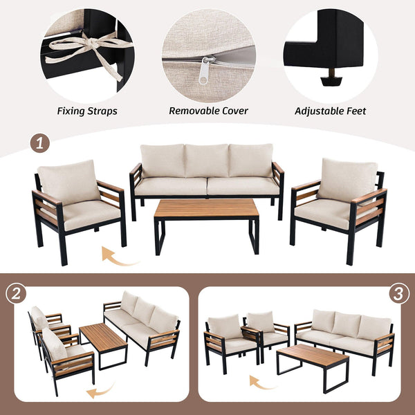 4-Piece Outdoor Furniture Sofa Set for 5 People with Acacia Wood Armrests