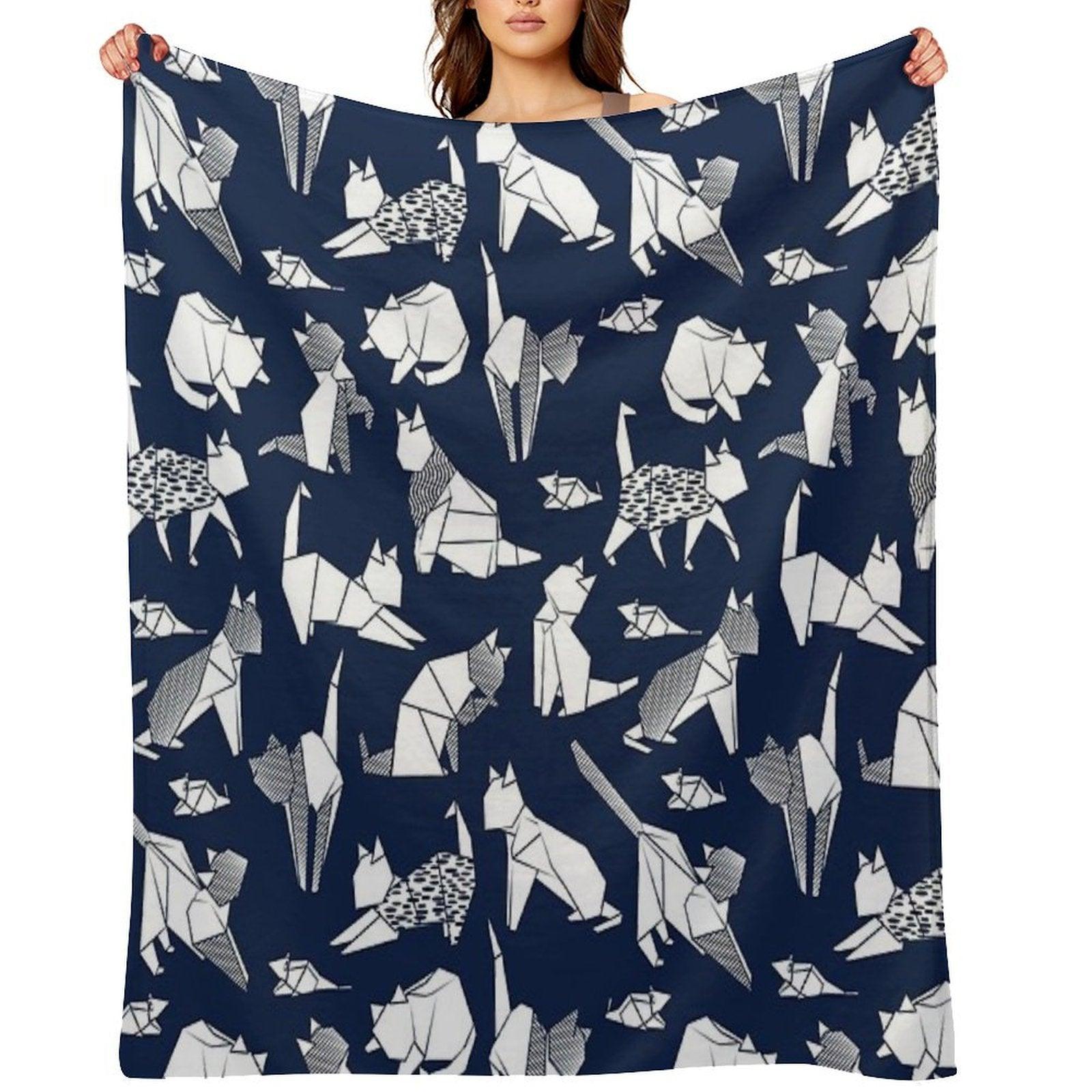 Origami Kitten Friends  Blue Navy Background Paper Cats Throw Blanket