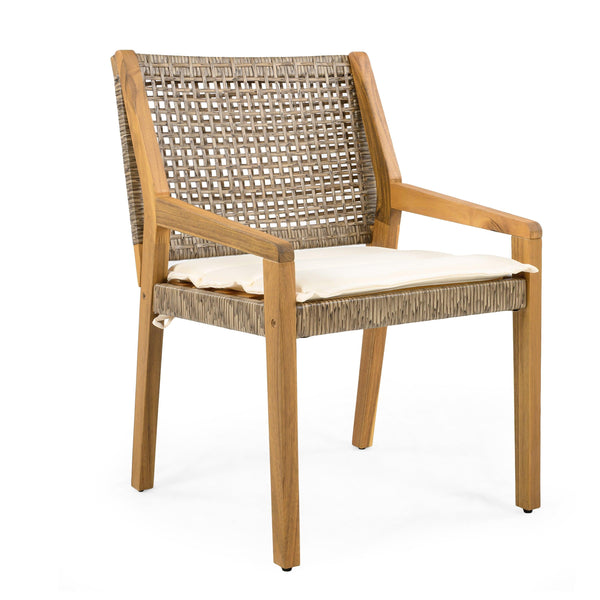 6 Outdoor Acacia Wood and Wicker Dining Chairs Set