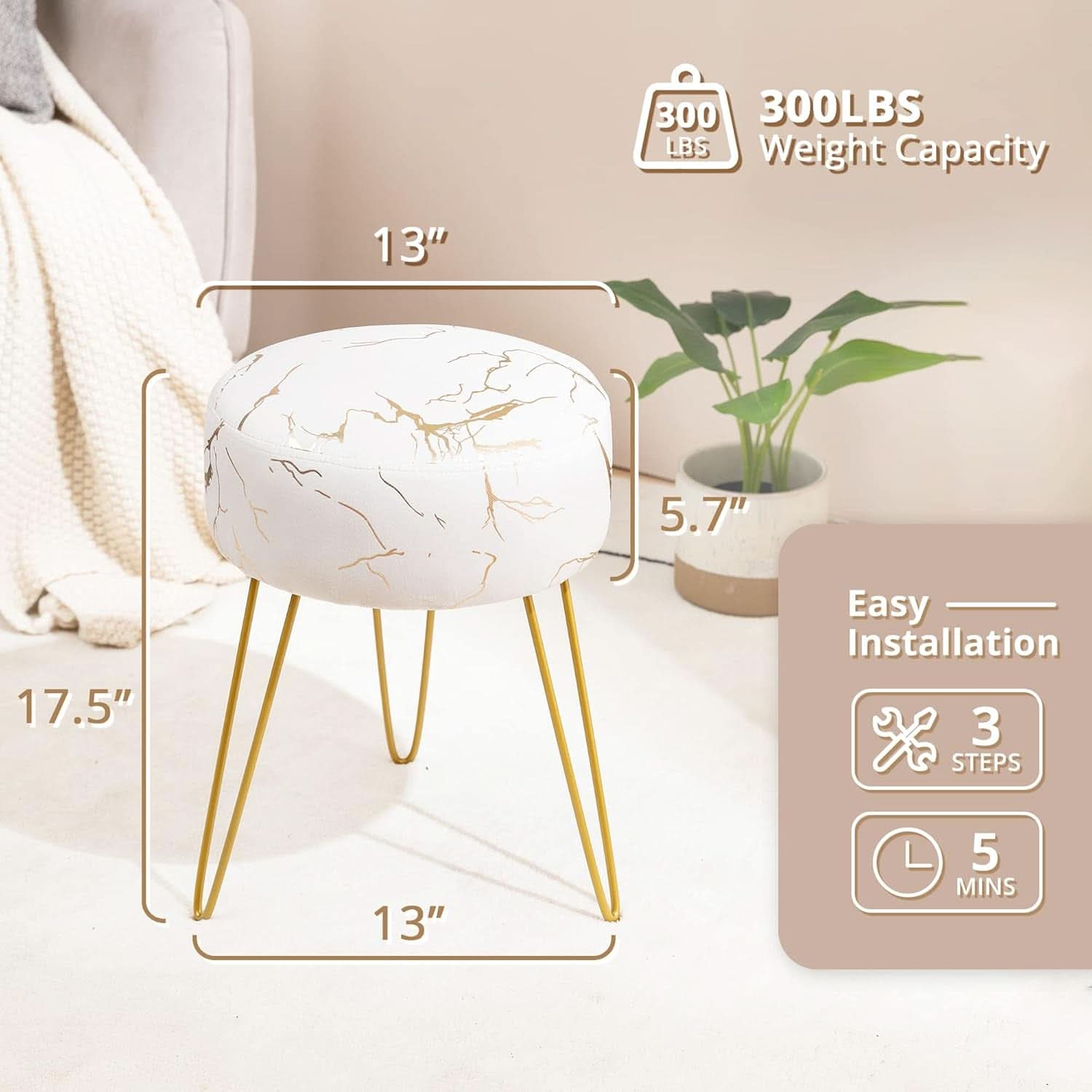 Gold Velvet Lux Vanity Stool 18Inch Round Plush Ottoman