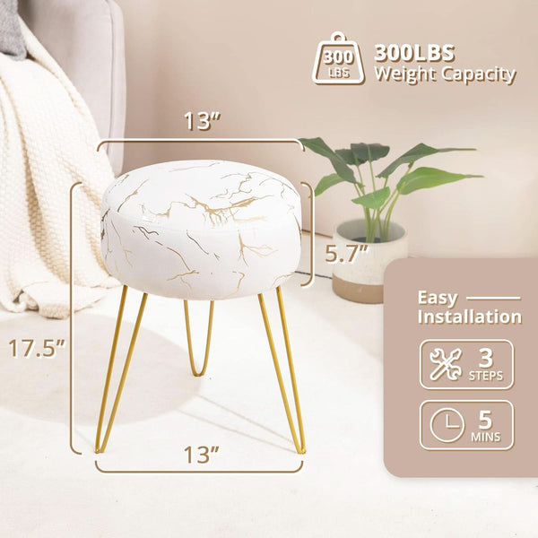 Gold Velvet Lux Vanity Stool 18Inch Round Plush Ottoman