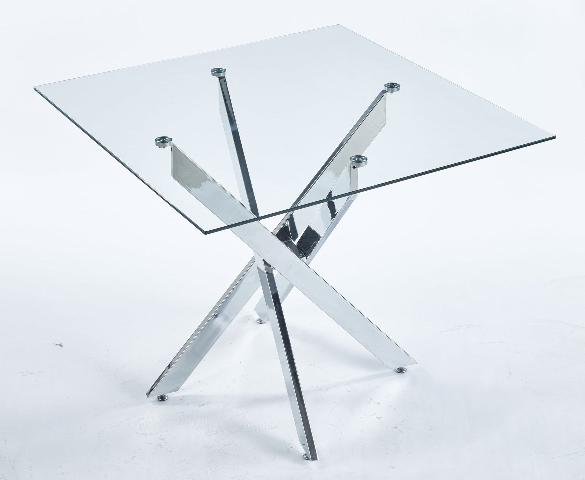 Dining Table with cross metal leg and tempered glass,Modern Space Saving Kitchen Table for Living Room,chrome legsSquare table,90x90x75cm