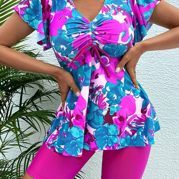 Bikini Floral Print Bandeau V Neck 2 Piece Swimsuit for Women – Stretchy Vacation Bikini Set with Soft Polyamide Fabric – Stylish Summer Swimwear for Beach Holidays Pool Lounging and Resort Getaways