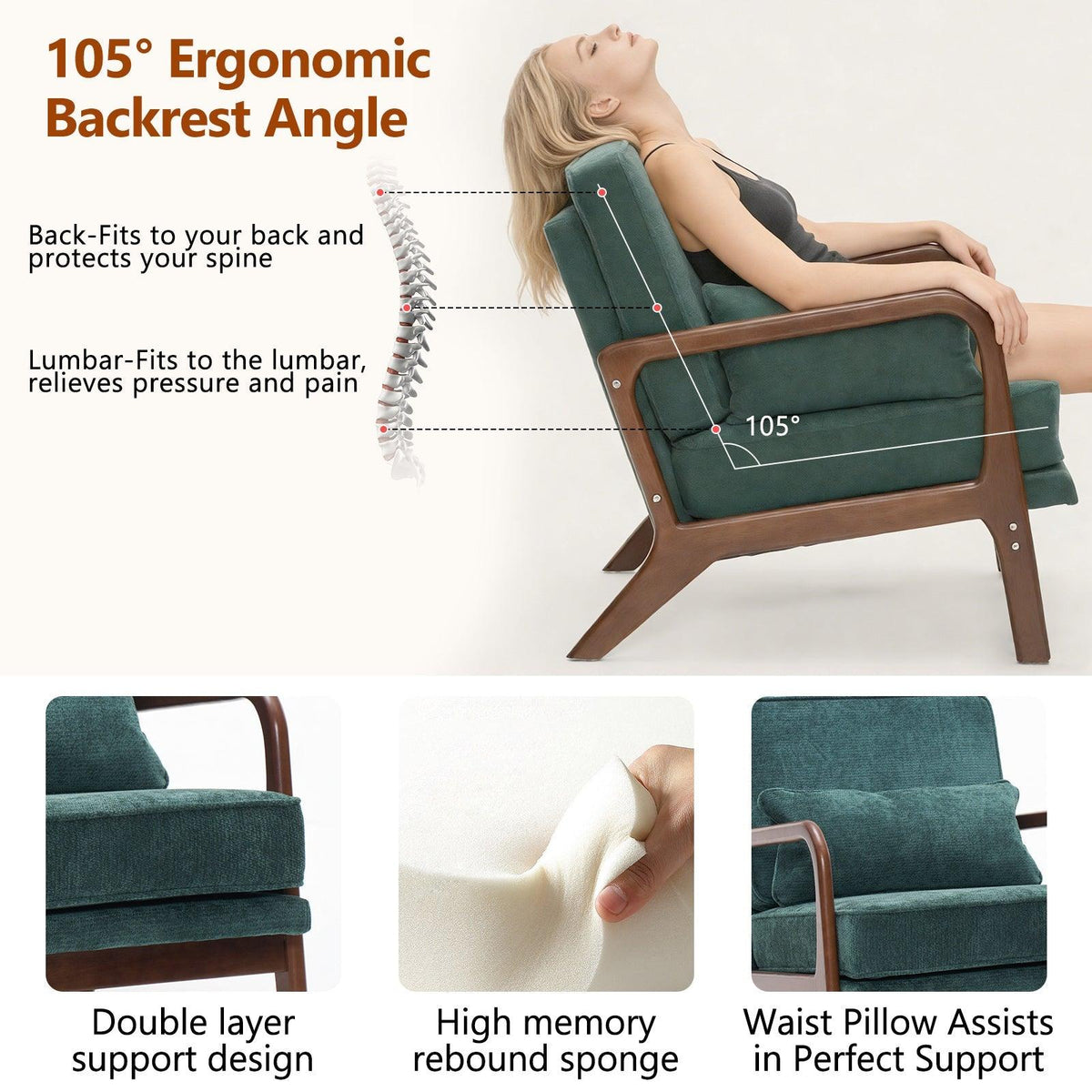 Dark Green Mid‑Century Accent Chair