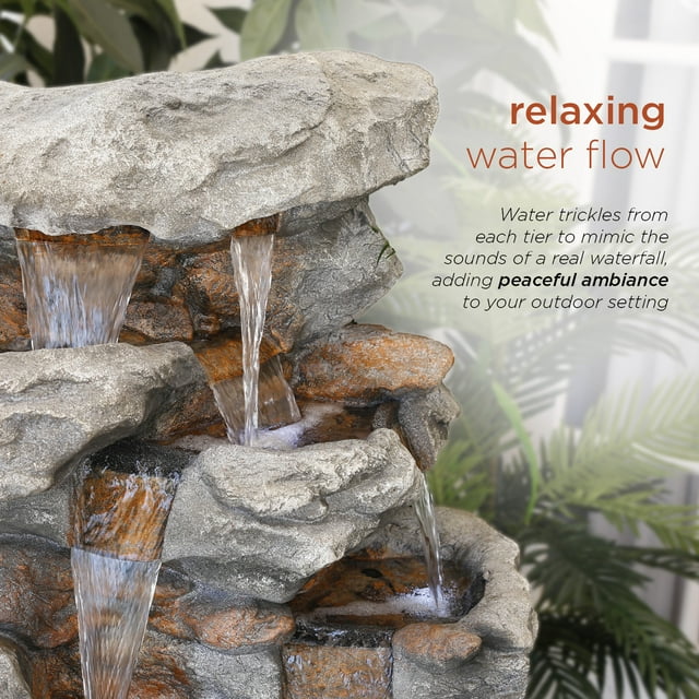 Alpine Corporation 52 in. Tall Outdoor 5-Tier Rainforest Rock Water Fountain with LED Lights