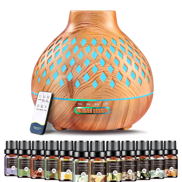 550ML Large Capacity Essential Oil Diffuser for Home | 12 Essential Oils Included, Remote Control
