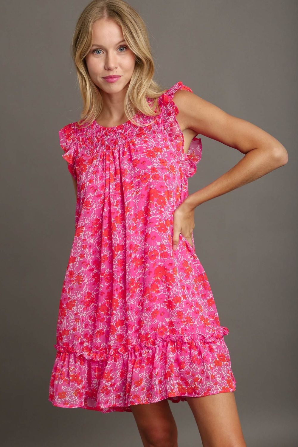 Pink Full Size Smocked Detail Floral Ruffle Cap Sleeve Dress Plus Size Glamorous & Feminine Dress