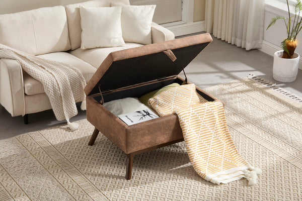 Mid-century modern square coffee table storage bench, assembled, suitable for living room, entryway and family room, used as a coffee table, stirrups, shoe bench