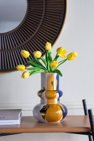 7.3x7.3x9.8' Bulbous Ceramic Vase with Abstract Multicolored Finish