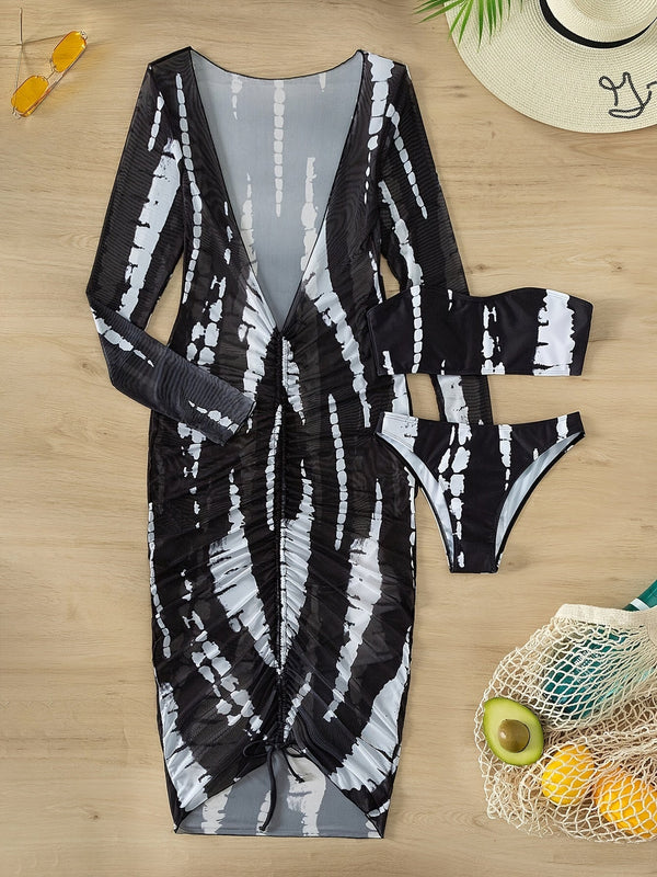 Horizon Haze 3-Piece Tie Dye Bandeau Bikini Set for Women – Strapless Tube Top with Long Sleeve Semi-Sheer Cover-Up Dress for Summer – Artistic Stripe Print Swimwear Ensemble for Bold Summer Fashion