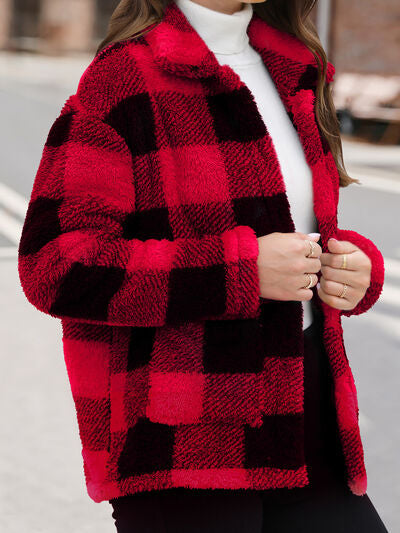 Beautiful Red Women Drop Shoulder Fuzzy Button-Up Jacket Soft And Comfortable Casual Fit Jacket