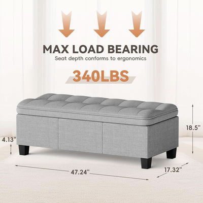 Forty Seven Inch Storage Ottoman Bench Linen Gray Fabric