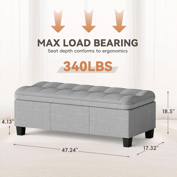 Forty Seven Inch Storage Ottoman Bench Linen Gray Fabric