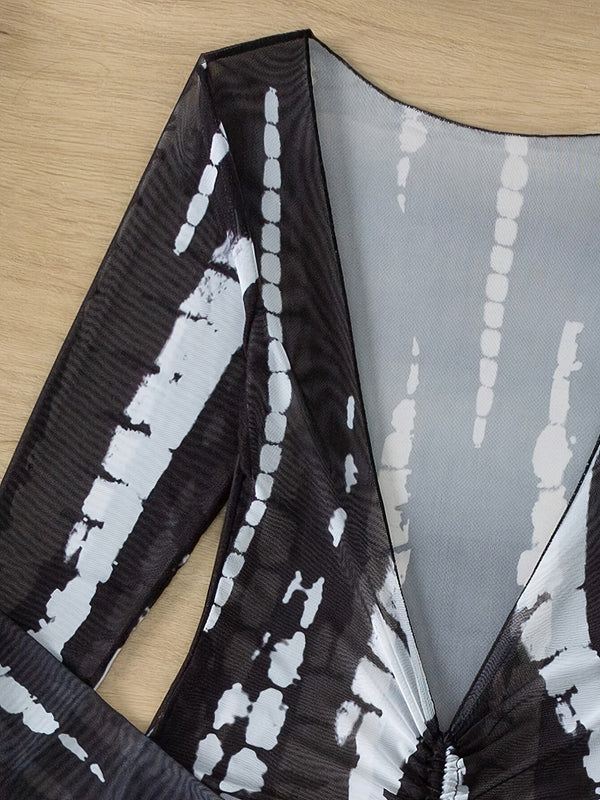 Horizon Haze 3-Piece Tie Dye Bandeau Bikini Set for Women – Strapless Tube Top with Long Sleeve Semi-Sheer Cover-Up Dress for Summer – Artistic Stripe Print Swimwear Ensemble for Bold Summer Fashion