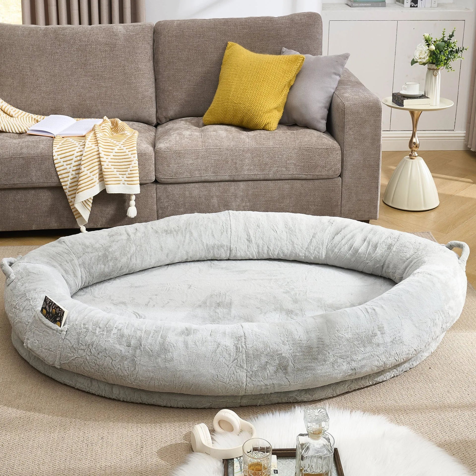 🇫🇷🇪🇪 🇸🇭🇮🇵🇵🇮🇳🇬 Human Dog Bed for Adult, Memory Foam Human Size Pet Bed for Human With Storage Pocket, Light Gray