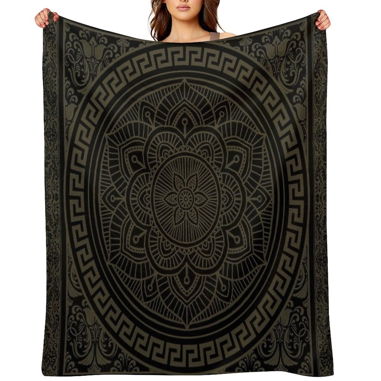 Ornate Baroque Army Green Black Meander Greek Key Flower Premium Throw Blanket