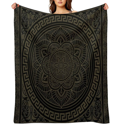 Ornate Baroque Army Green Black Meander Greek Key Flower Premium Throw Blanket