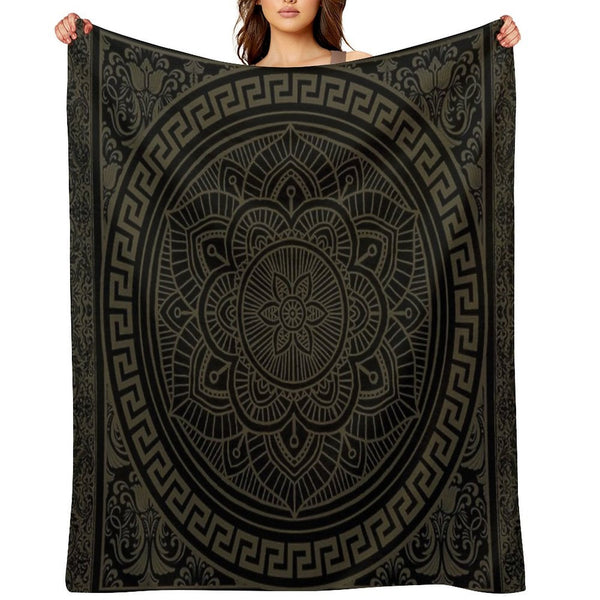 Ornate Baroque Army Green Black Meander Greek Key Flower Premium Throw Blanket