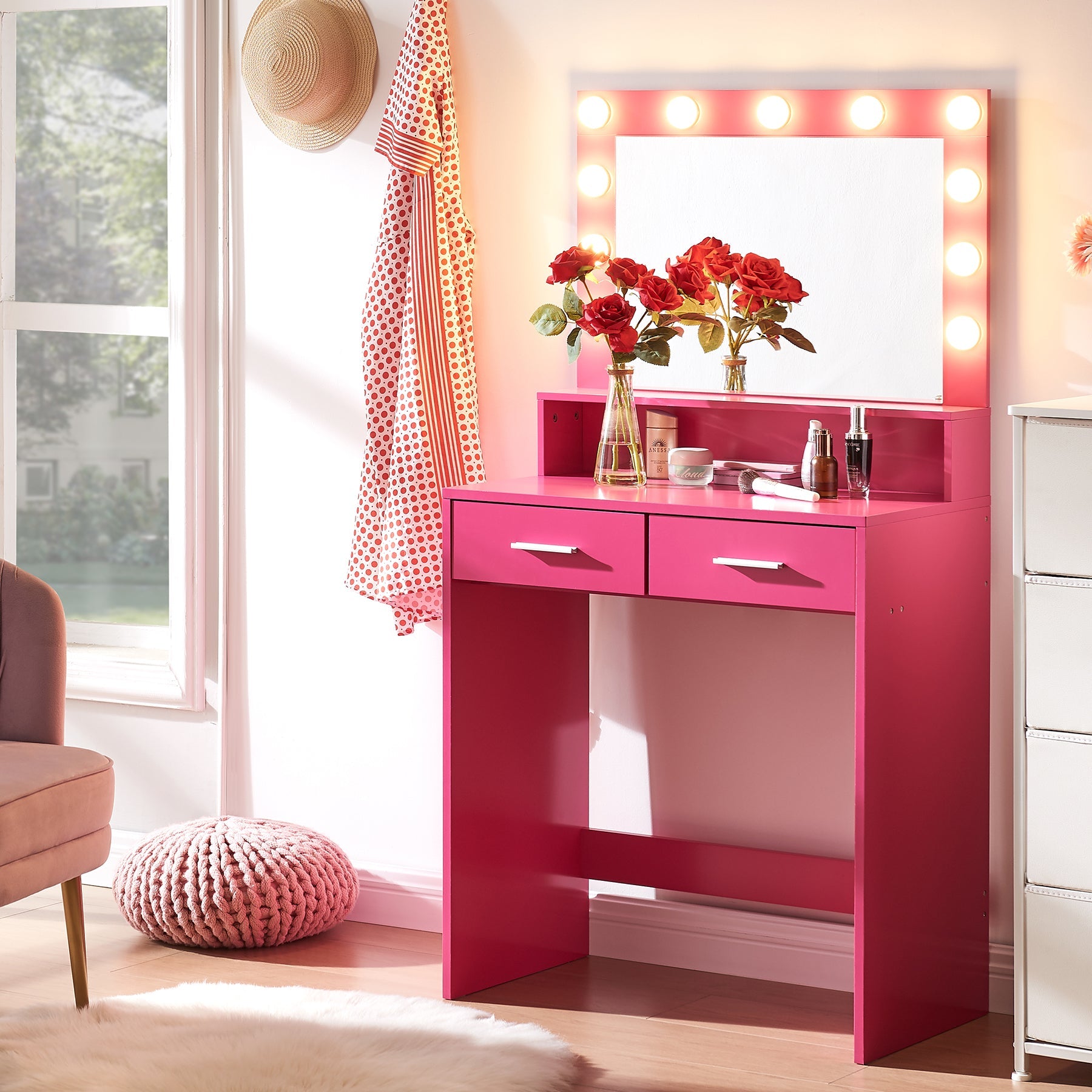 Vanity Desk with Mirror and Lights, Large Drawer and 2-Level Storage, Adjustable Brightness