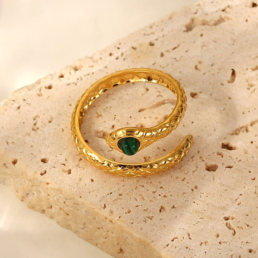 Malachite Snake Charmer Gold Bypass Ring